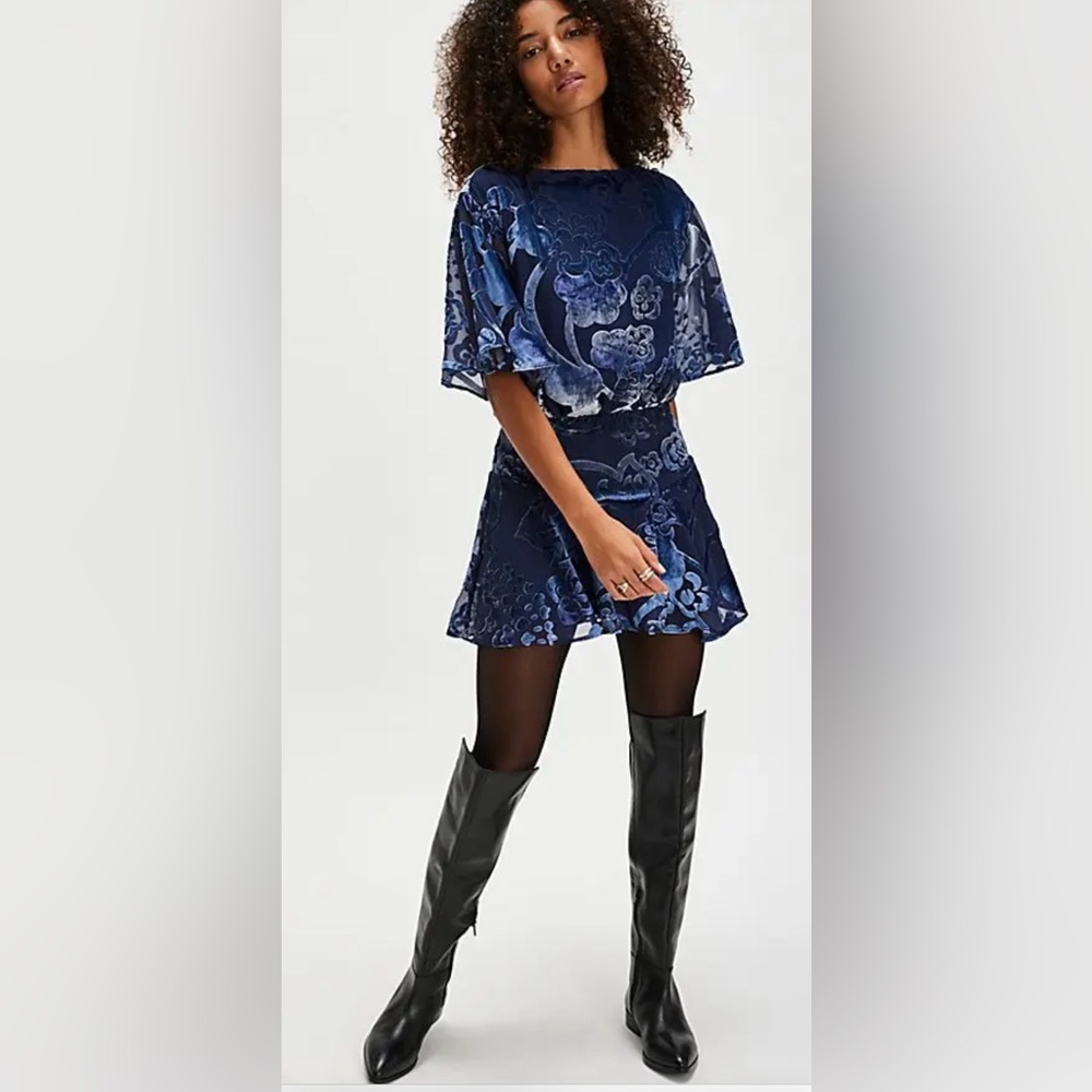 Free People Manuka Burnout Velvet Mini Dress - Navy Combo NWOT  Size S